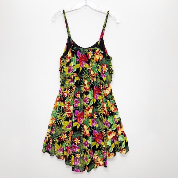 BONGO | Tropical Hawaiian Floral Chiffon Mini Sundress Black Pink Size L - Picture 5 of 11
